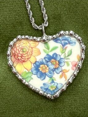 Original One-of-a-Kind Broken China Pendant Necklace - Silver